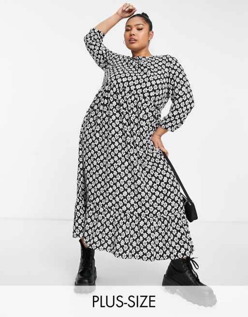 Glamorous Curve - Aangerimpelde midi jurk met geplooide zoom en retro madeliefjesprint