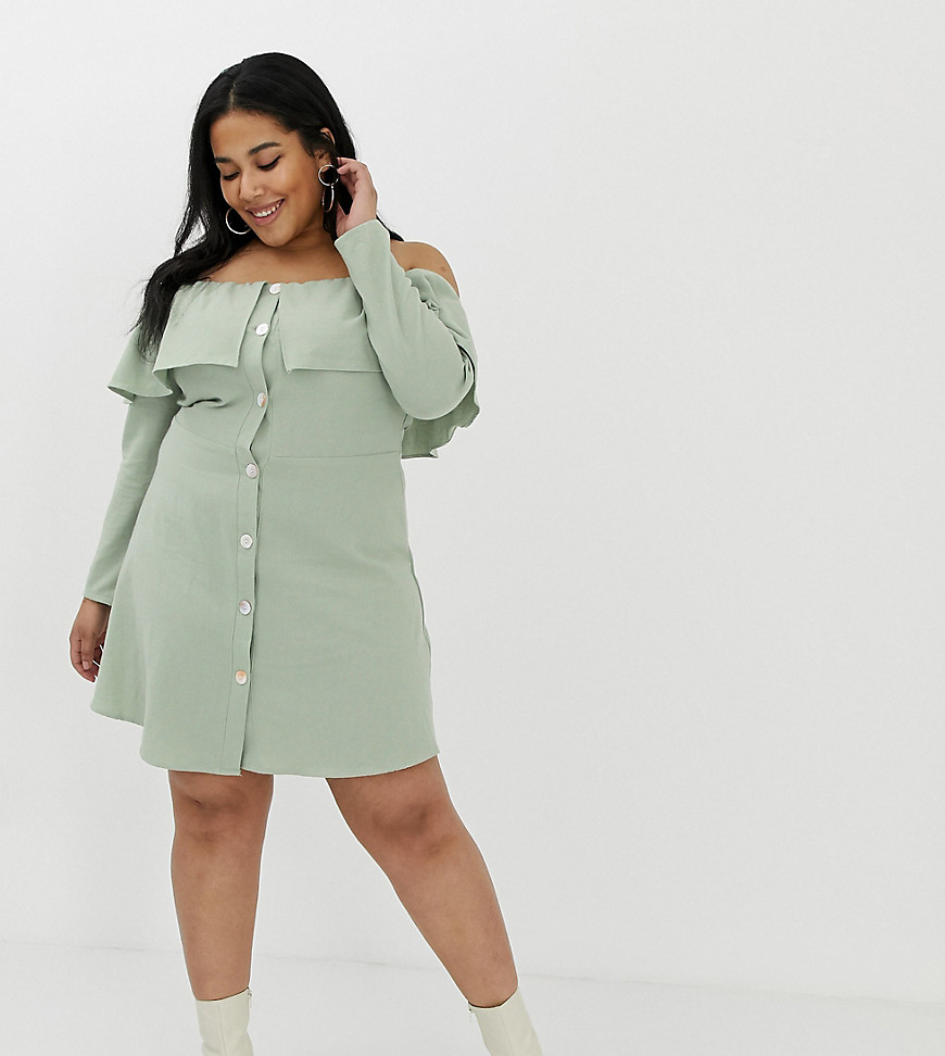 Glamorous curve bardot dress with button front-Green