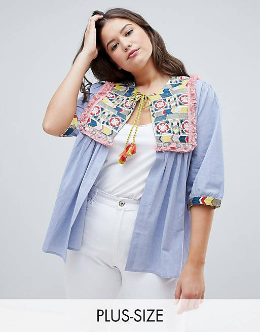 Glamorous Curve Bed Jacket With Embroidered Panel And Tassle Ties In Chambray