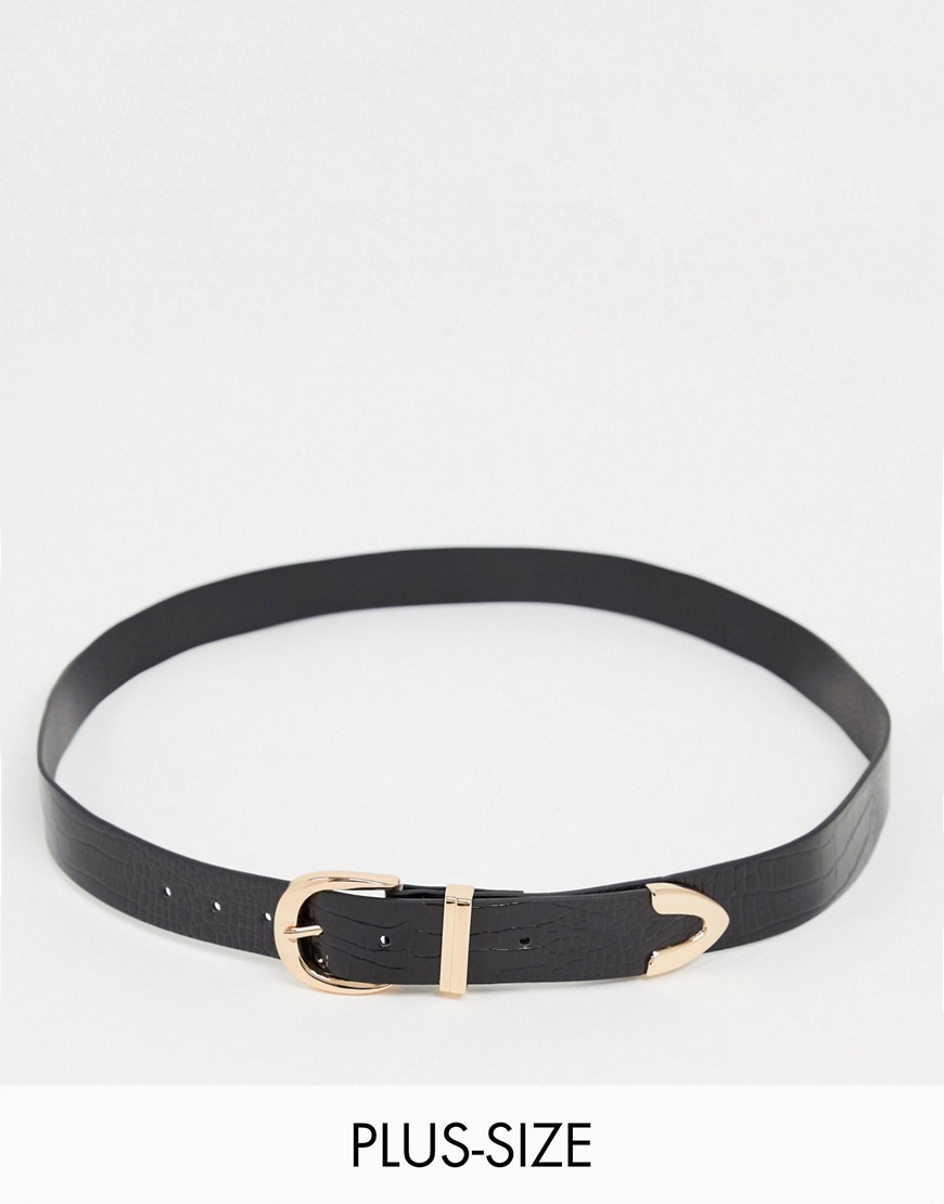 Glamorous Curve belt in black croc with gold tip