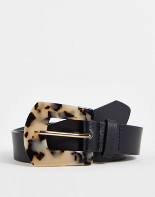 Glamorous Curve belt in black with square resin buckle in milky tortoiseshell