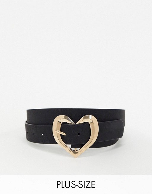 Glamorous Curve black waist & hip belt with gold hammered heart buckle