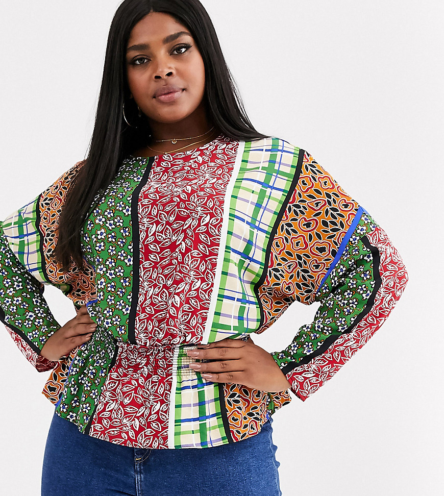 Glamorous Curve blouse with shirred waist in retro patchwork-Multi