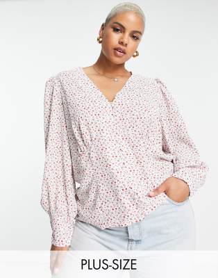 Glamorous Curve - Blusa con maniche a palloncino e bottoni sul davanti con stampa a fiori vintage