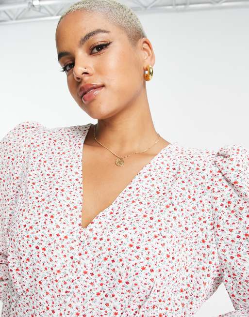 Glamorous Curve – Bluse mit Knopfleiste vorn und Puffärmeln mit Retro-Blümchenmuster, 3 von 4
