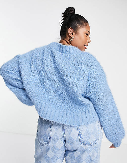  Glamorous Curve boxy cropped knitted jumper in blue cable 