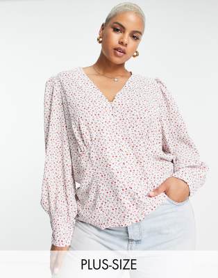 Glamorous Curve button front puff sleeve blouse in vintage ditsy