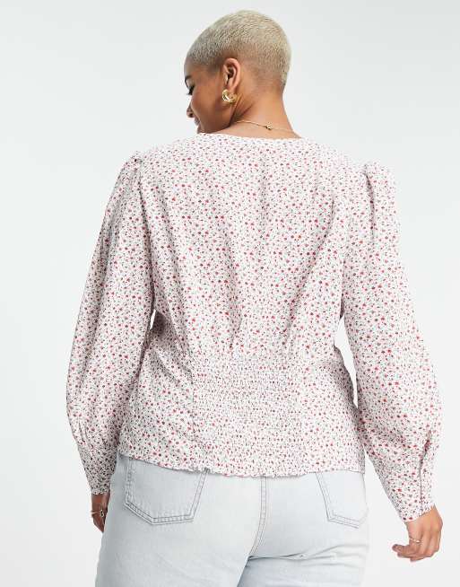 Glamorous Curve button front puff sleeve blouse in vintage ditsy floral, 2 of 4