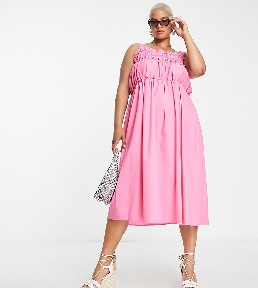 Glamorous Curve Cami Trapeze Midi Dress With Shirred Bust In Pink