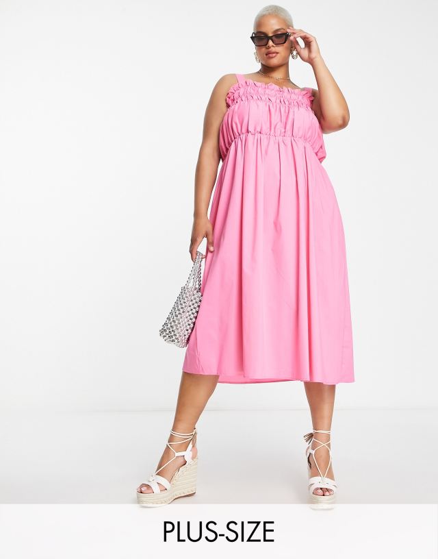 Glamorous Curve cami trapeze midi dress with shirred bust in pink