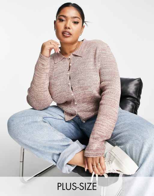 Glamorous Curve - Cardigan in maglia malva mélange con colletto e bottoni sul davanti