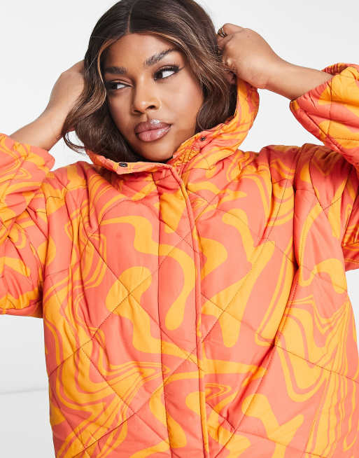 Glamorous Curve caterpillar quilted coat in orange marble ASOS