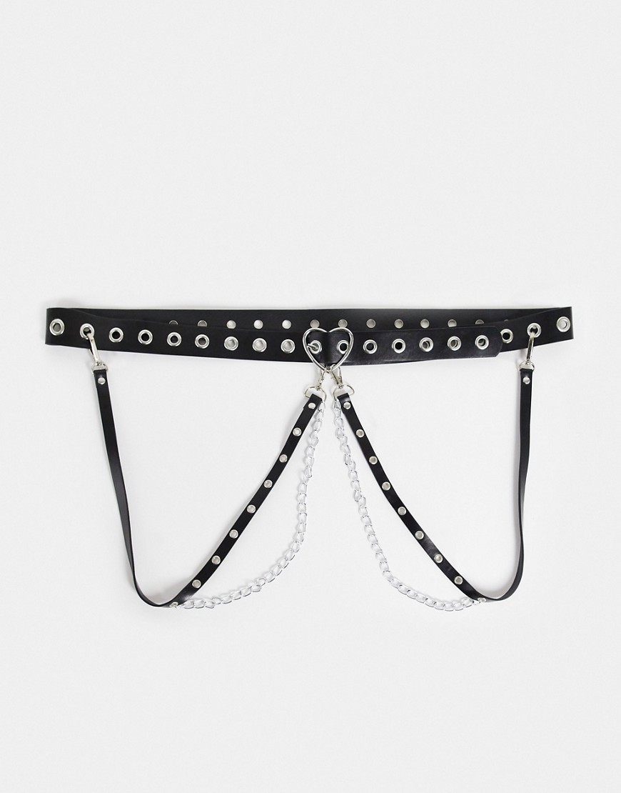 Glamorous Curve chain and eyelet heart belt with silver hardwear-Black