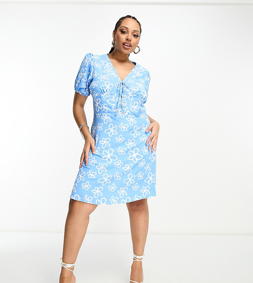 Glamorous Curve corset front puff sleeve mini shift dress in blue scribble