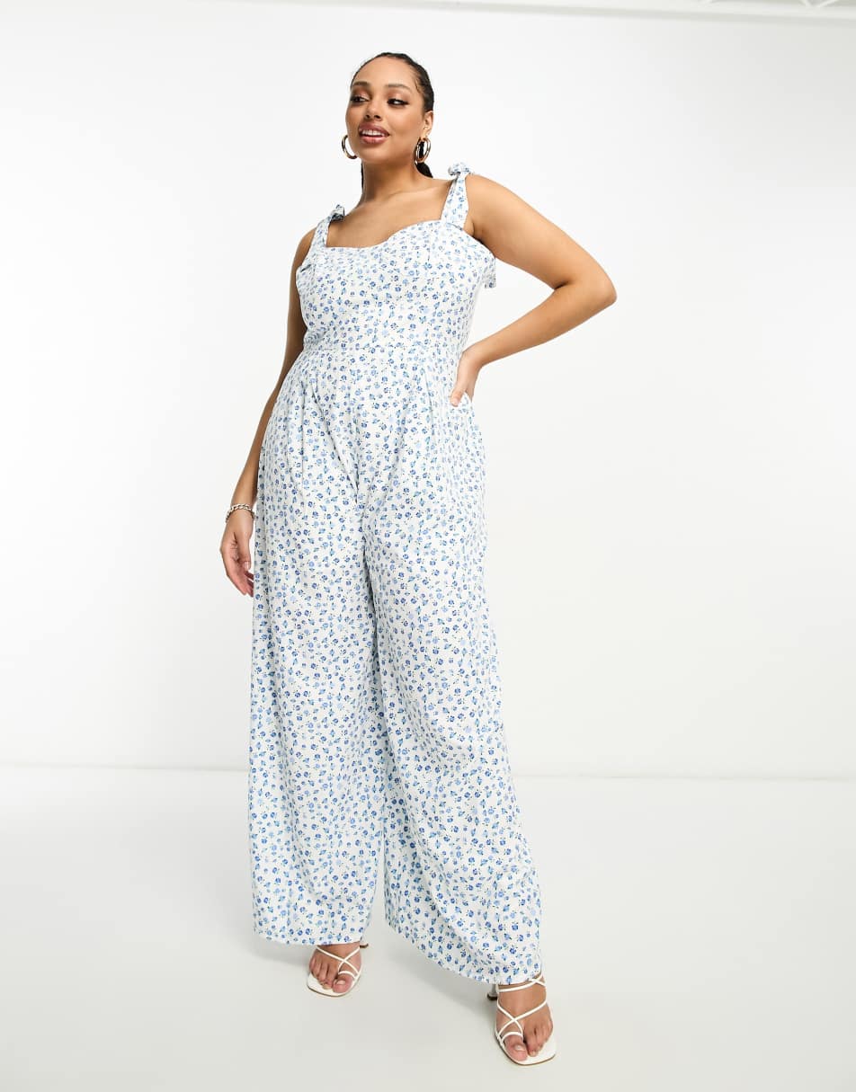 Glamorous Curve corset waist bunny tie jumpsuit in blue bud floral