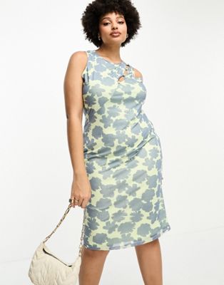 Glamorous Curve Cut Out Midi Slip Dress In Blue Green Floral