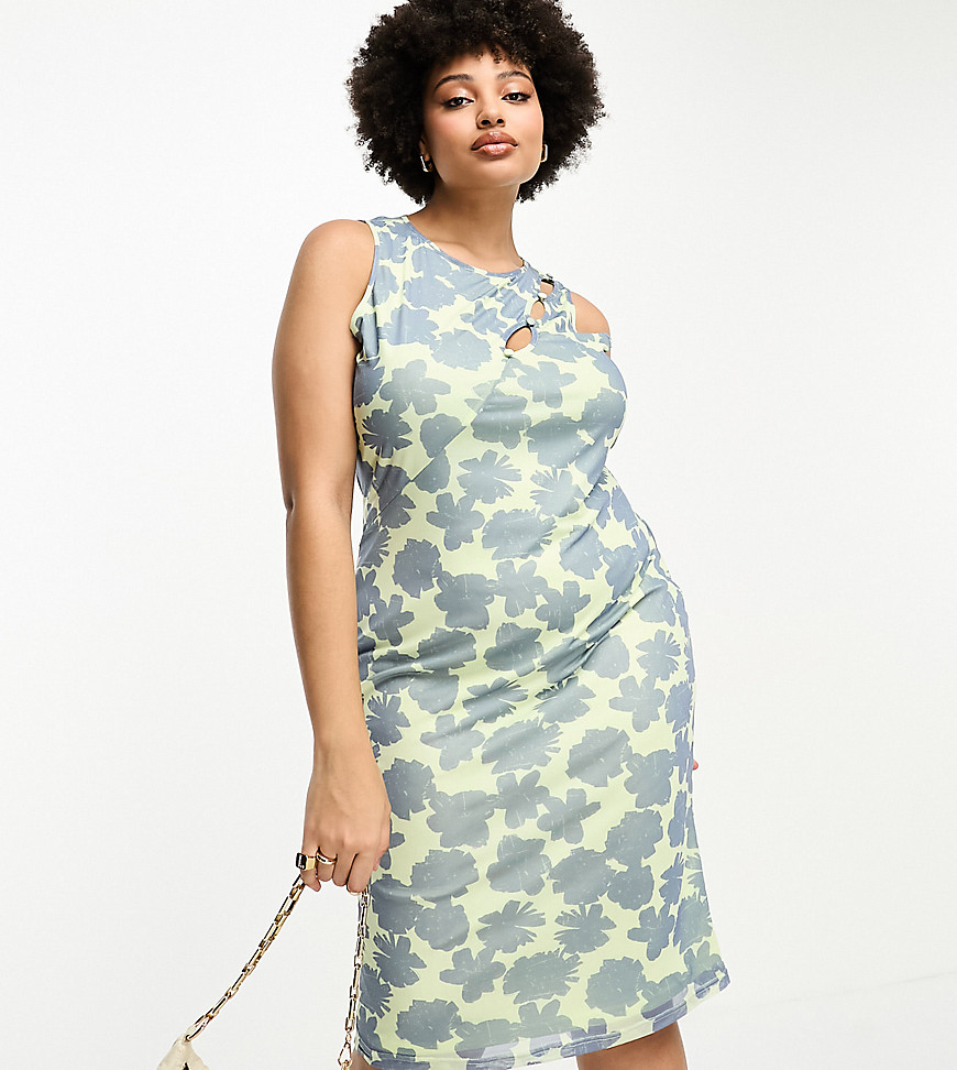 Glamorous Curve Cut Out Midi Slip Dress In Blue Green Floral