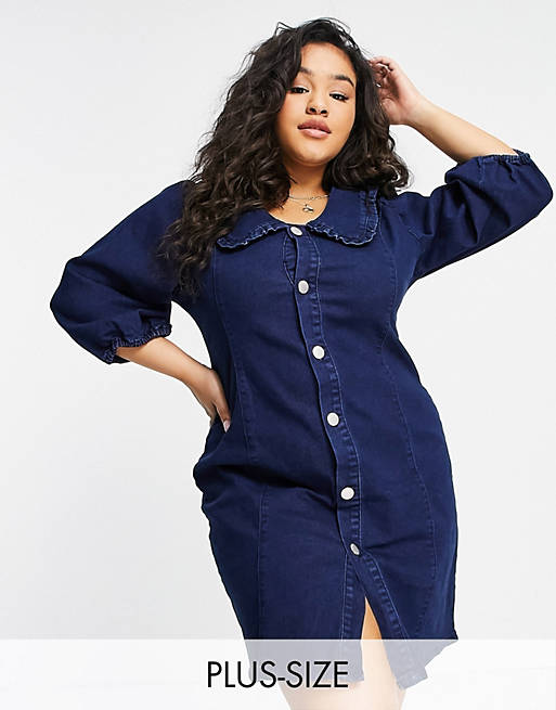 Glamorous Curve denim mini dress with frill collar and popper front