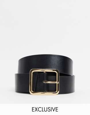 Glamorous Curve Exclusive black waist and hip jeans belt with gold square buckle