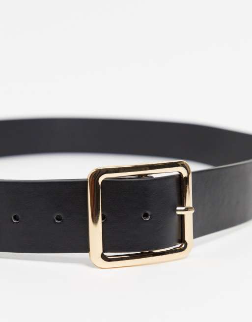 Glamorous Curve Exclusive black waist and hip jeans belt with gold square buckle, 3 of 4