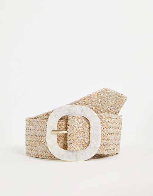 Glamorous Curve - Geweven riem in naturel met parelmoer gesp van hars