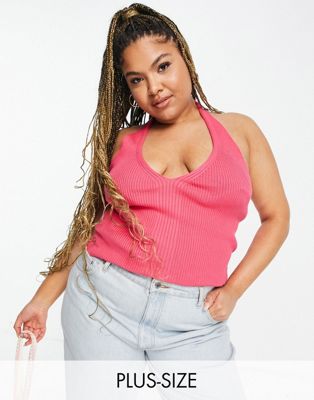 Glamorous Curve halter neck crop top in pink rib co-ord