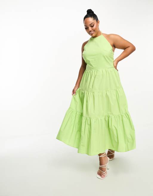 Glamorous Curve halter neck tiered midi dress in green, 3 of 4
