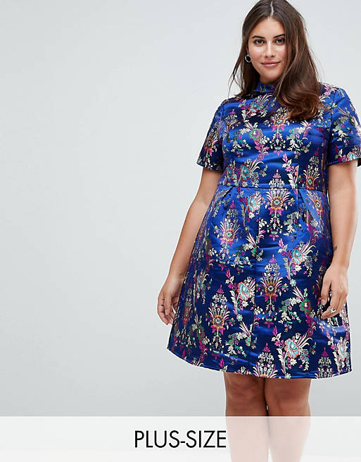 Glamorous Curve High Neck Shift Dress In Embroidered Brocade