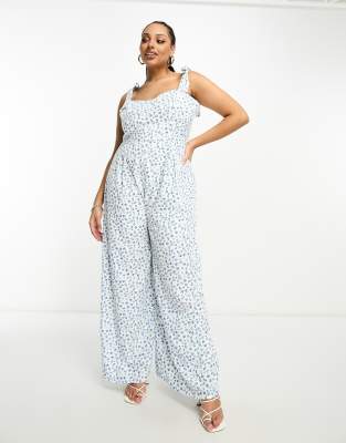 Glamorous Curve - Jumpsuit mit Korsett-Taille, gebundenen Trägern und blauem Knospenmuster