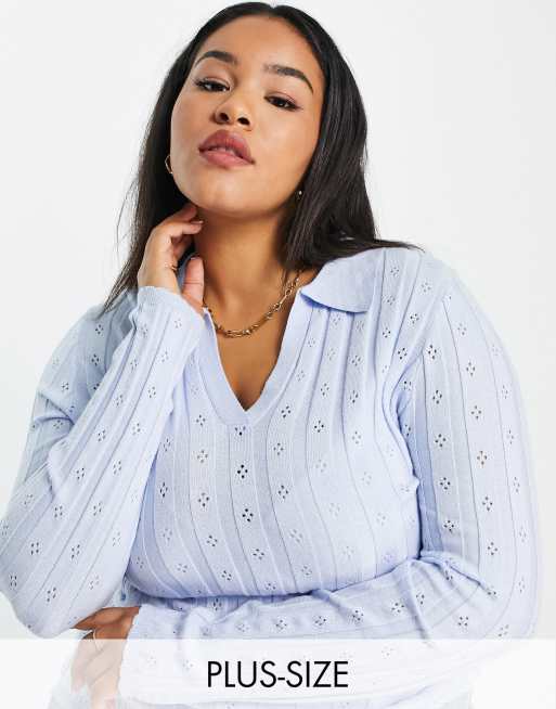 Glamorous Curve knitted pointelle jumper with open collar