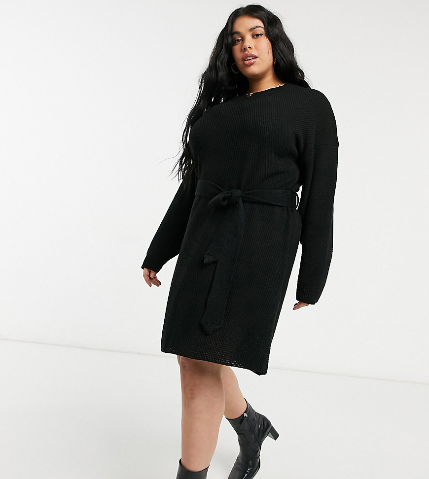 Glamorous Curve - Korte trui jurk met lange mouwen en gestrikte taille in zwart