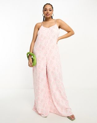 Glamorous Curve Lace Back Strappy Smock Jumpsuit In Pink Floral
