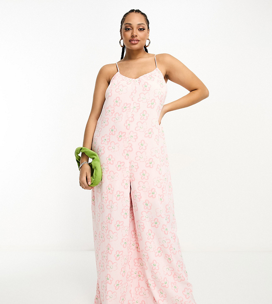 Glamorous Curve lace back strappy smock jumpsuit in pink floral