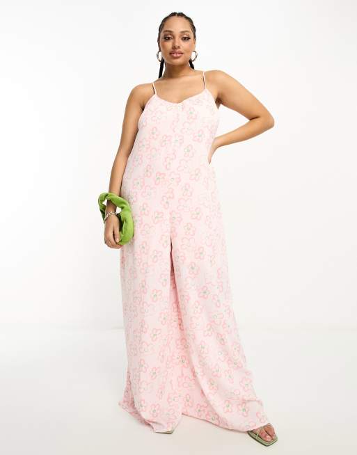 Glamorous lace back strappy smock jumpsuit in pink floral