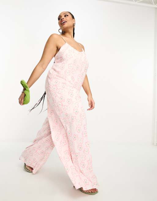 Glamorous lace back strappy smock jumpsuit in pink floral