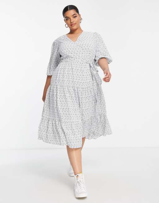 Glamorous Curve - Langærmet slå om-midikjole med småblomstret sort print, 4 af 4