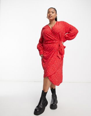 Glamorous Curve Long Sleeve Fitted Wrap Dress In Multi Red Ditsy