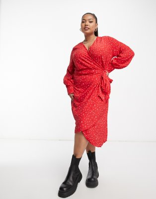 Glamorous Curve Long Sleeve Fitted Wrap Dress In Multi Red Ditsy