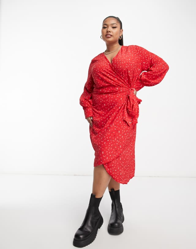 Glamorous Curve long sleeve fitted wrap dress in multi red ditsy