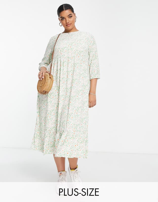 Glamorous Curve long sleeve midi smock dress in green daisy