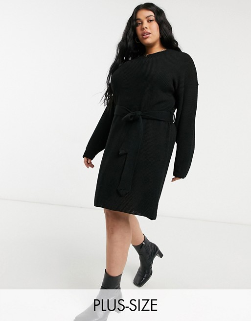 Glamorous Curve long sleeve mini jumper dress with tie waist in black