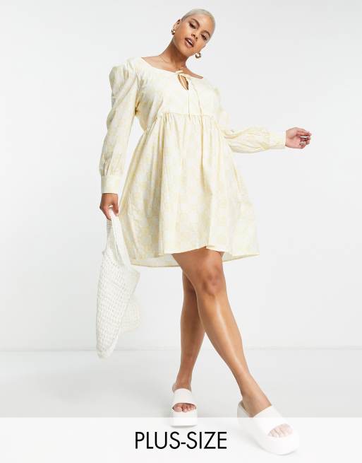 Glamorous Curve long sleeve mini prairie dress in yellow plaid print ASOS