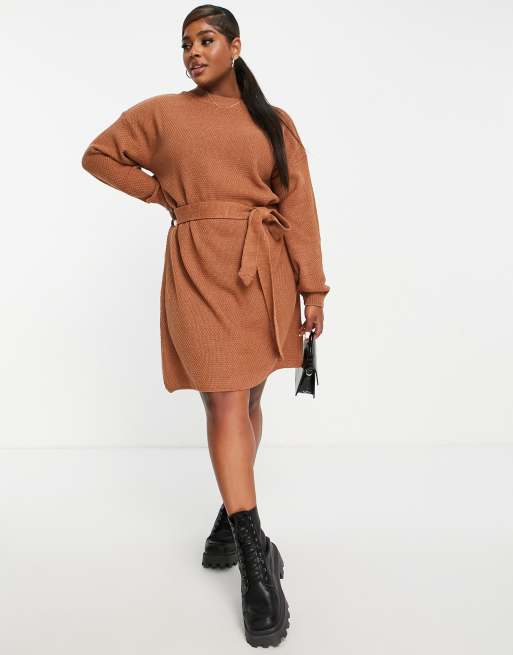 brown wrap sweater dress Glamorous Curve long sleeve mini with tie waist in Size:Size XL hippie_chic 1920s Flapper Style Dress, 1 inch = 2.54