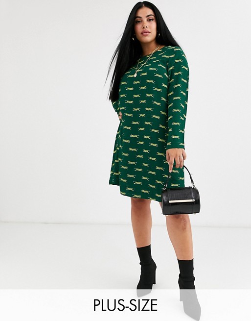 Glamorous Curve long sleeve shift dress in tiger print