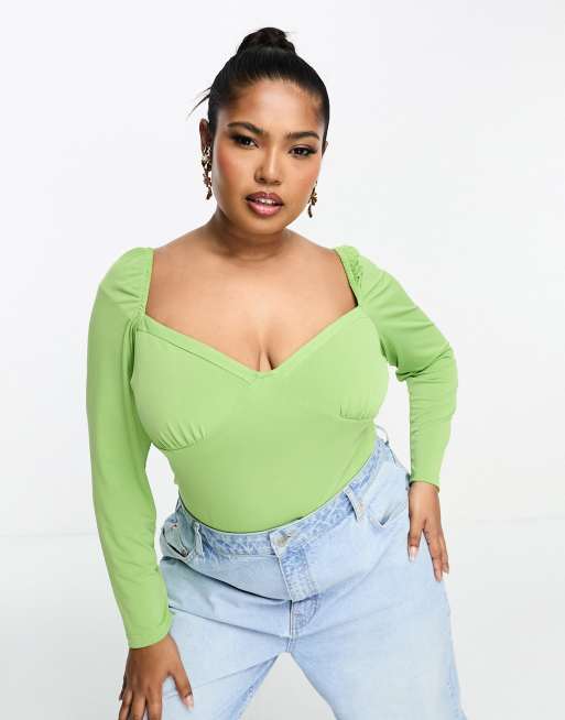 Glamorous Curve long sleeve sweetheart neck bodysuit in green | ASOS