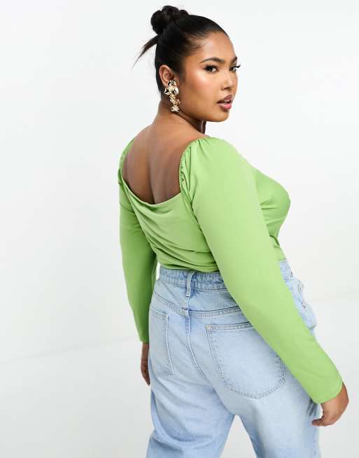 Glamorous Curve long sleeve sweetheart neck bodysuit in green, 2 of 4