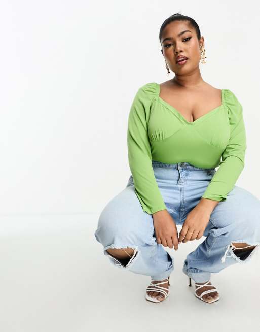 Glamorous Curve long sleeve sweetheart neck bodysuit in green, 4 of 4
