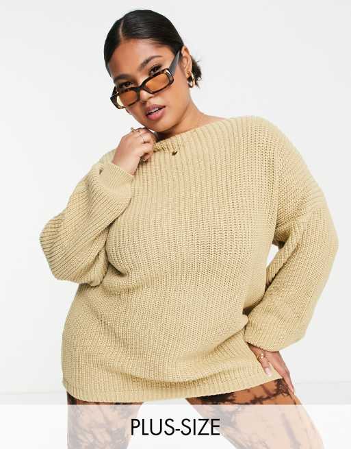 Glamorous Curve - Maglione color avena con scollo sulla schiena