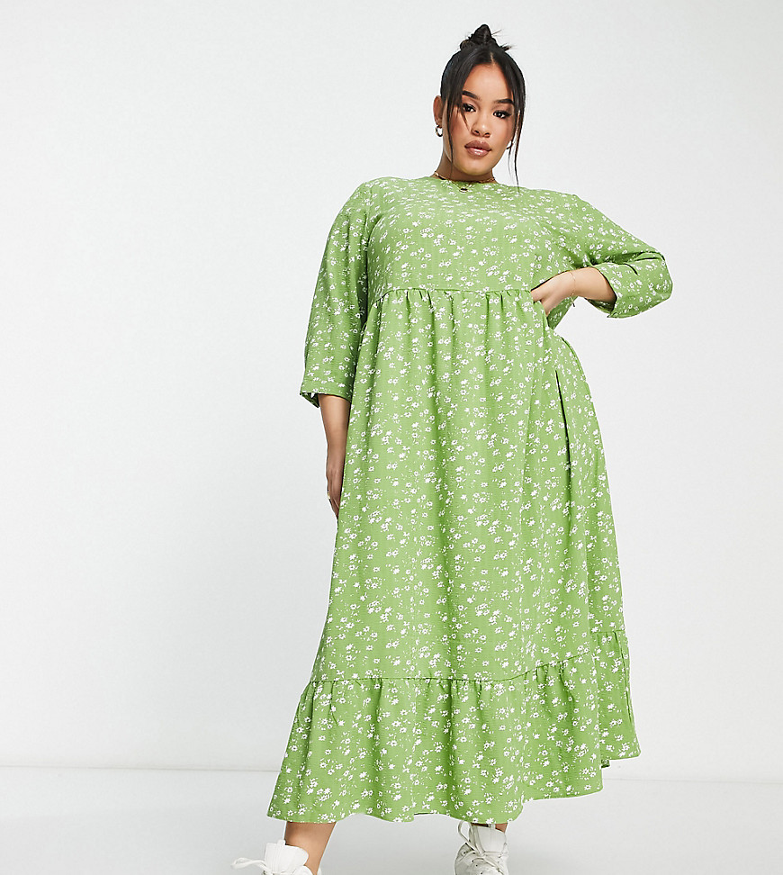 Glamorous Curve Maxi Smock Dress In Green White Floral-multi