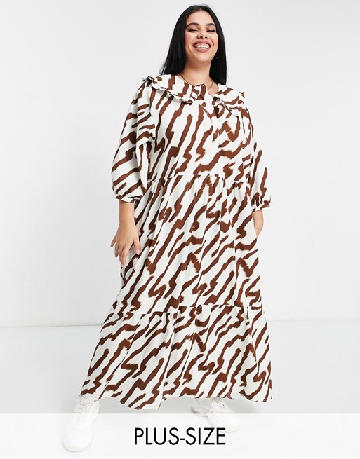 Glamorous Curve maxi smock dress with tiered skirt and bib collar in tonal tiger print